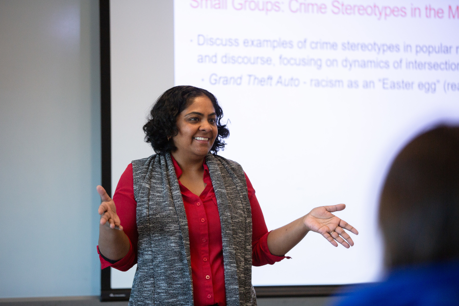 Bhoomi Thakore, a professor in the Department of Sociology, teaches SOCI 2830. Class, Power, and Inequality in the Austin Building on Feb. 26, 2024. (Bri Diaz/UConn Photo)
